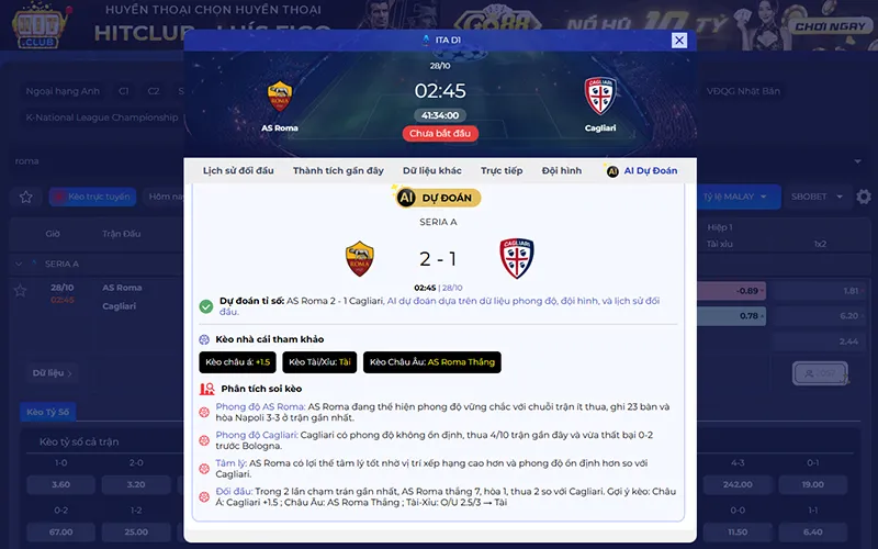 Dự đoán AI AS Roma vs Cagliari 02h45 ngày 28/10/2026